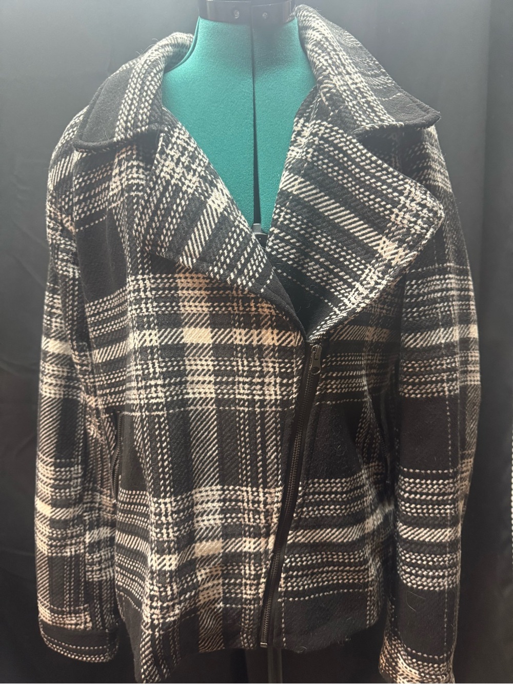 Mossimo Supply Co. Black & White Plaid Zip-Front Pea Coat